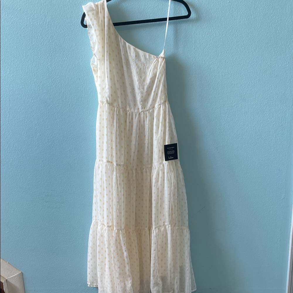Lulu's One-Shoulder Cream Tiered Maxi Dress with Subtle Dot Texture